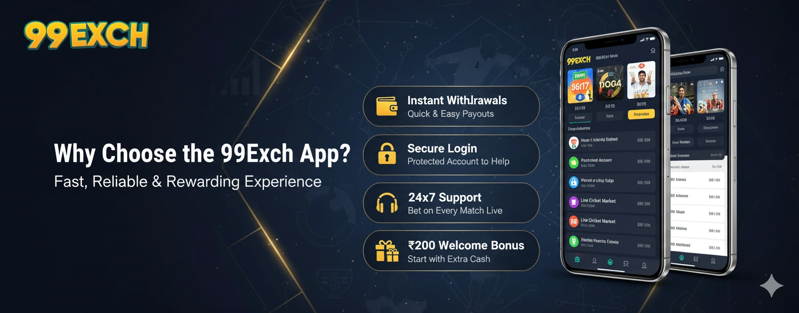 99Exch app benefits banner highlighting instant withdrawals, welcome bonus and live markets