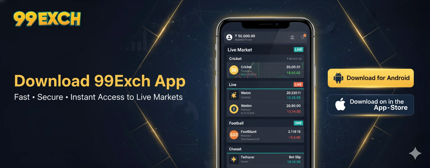 99Exch app download hero banner showing mobile app UI and download options