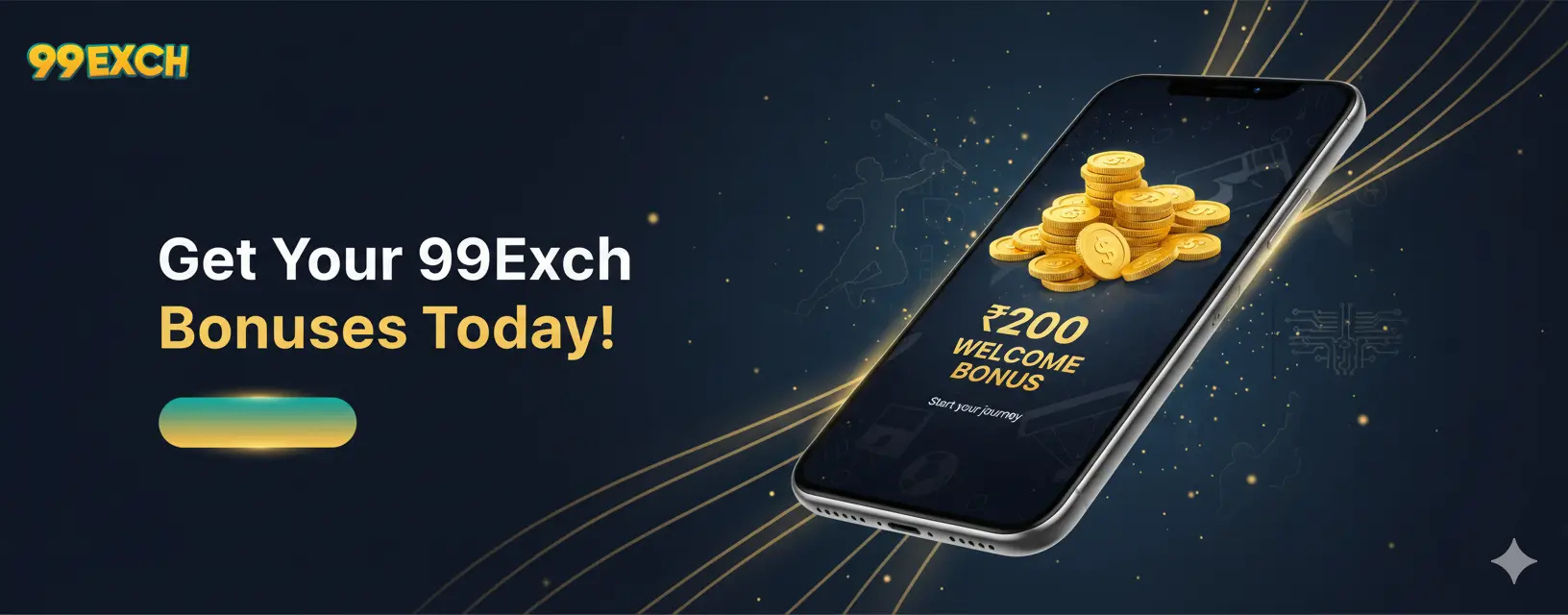 99Exch bonus offers 2025 hero banner showing ₹200 welcome bonus on mobile screen with gold glow