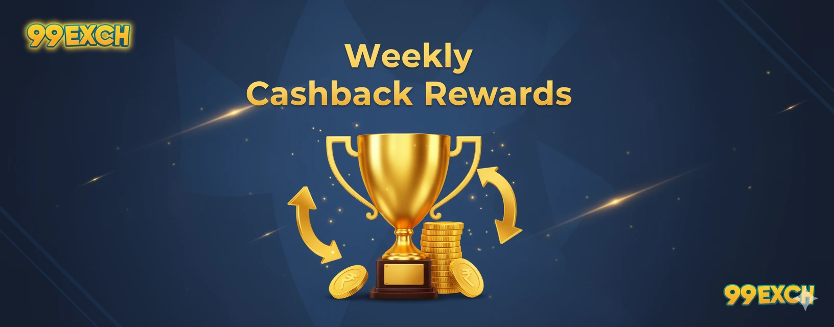 99Exch weekly cashback rewards trophy and gold coins illustration