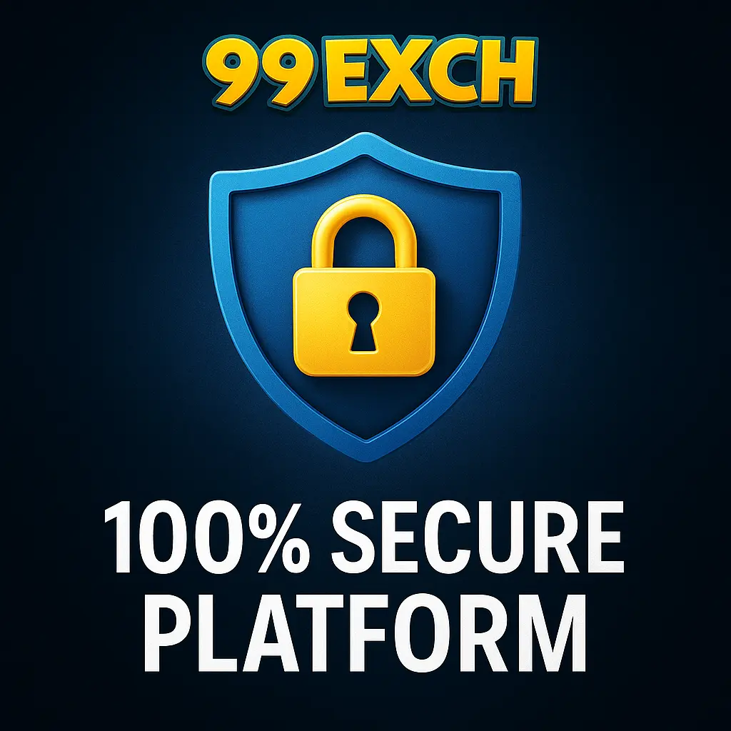 99Exch secure platform 2025 with yellow lock icon and shield on blue background