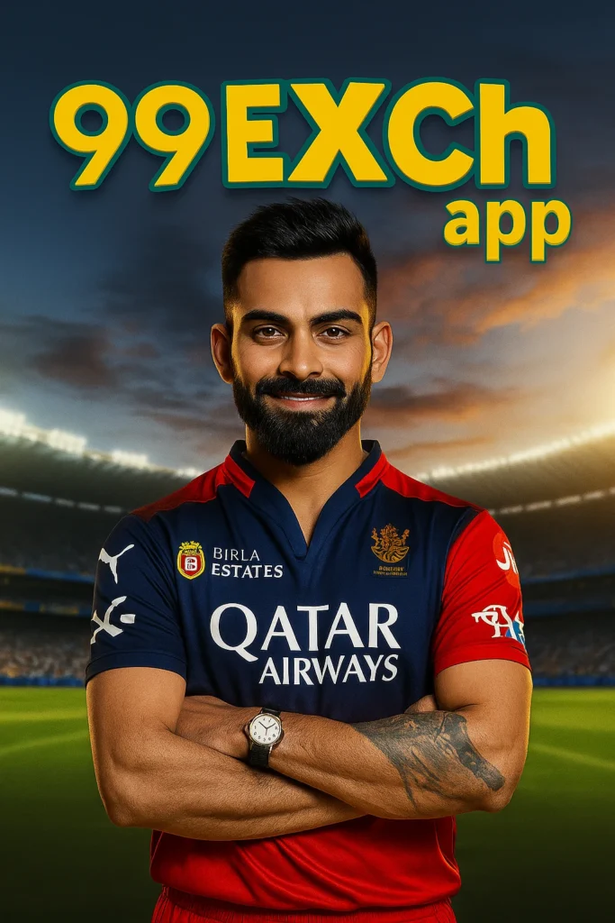 99EXCH app logo with cricket stadium background and player standing in front – 2025