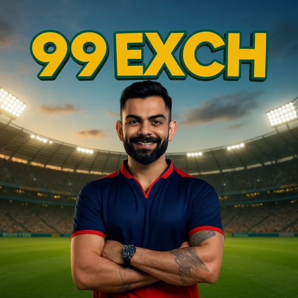 99EXCH logo with cricket stadium background and cricket player standing in front – 2025 promotional image