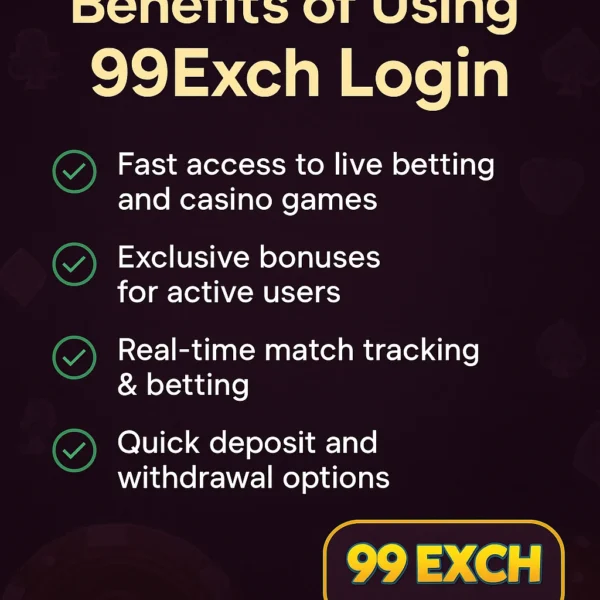 99Exch login dashboard 2025 showing casino benefits, bonuses, and live match features on 99exch.app