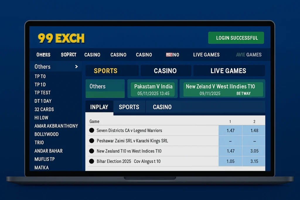 99Exch Login 2025 dashboard showing secure access to sports betting and casino interface on 99exch.app