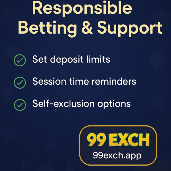 99Exch responsible betting 2025 poster showing support team and gaming control options on 99exch.app