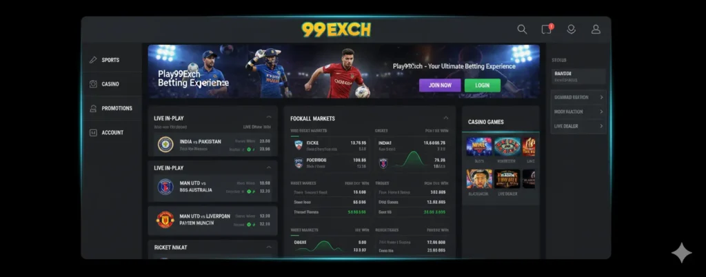 Play99Exch dashboard showing live betting odds and casino interface