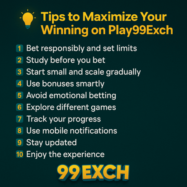Tips to maximize your winning on Play99Exch with ten smart strategies and 99Exch logo on teal background