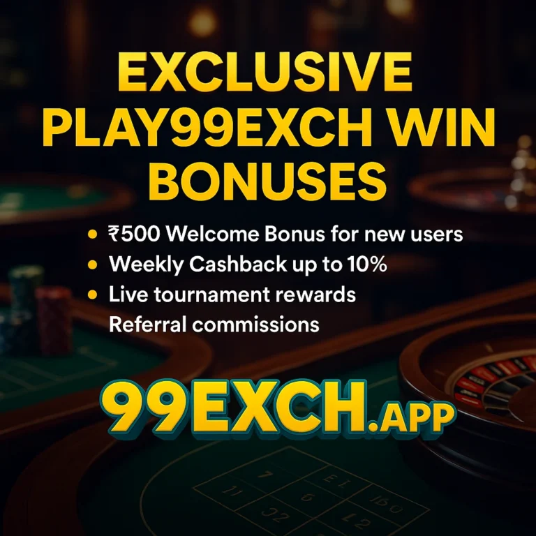Exclusive Play99Exch Win bonuses on 99Exch.app with casino background showing welcome bonus, cashback, and referral offers