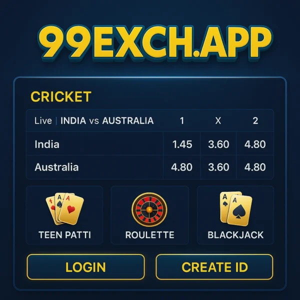 Play99Exch Win dashboard on 99Exch.app showing cricket odds and casino games like Teen Patti, Roulette, and Blackjack