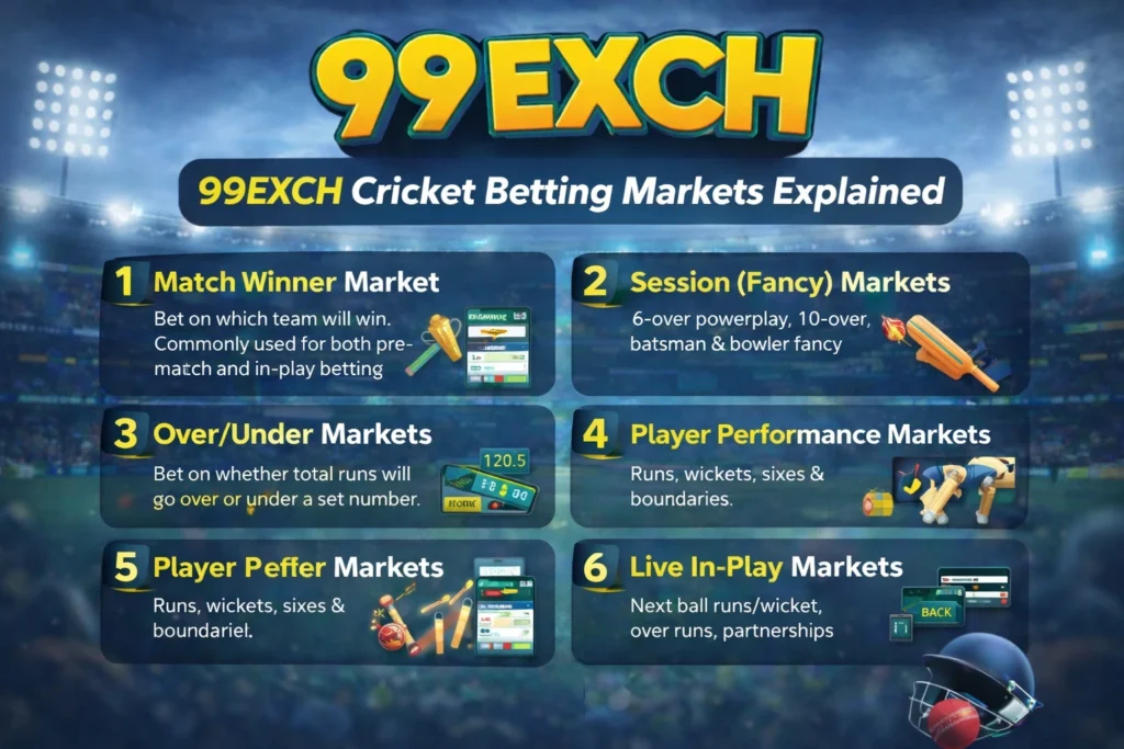 Infographic showing 99Exch cricket betting markets including match winner, session bets, over/under markets, player performance, and live in-play options