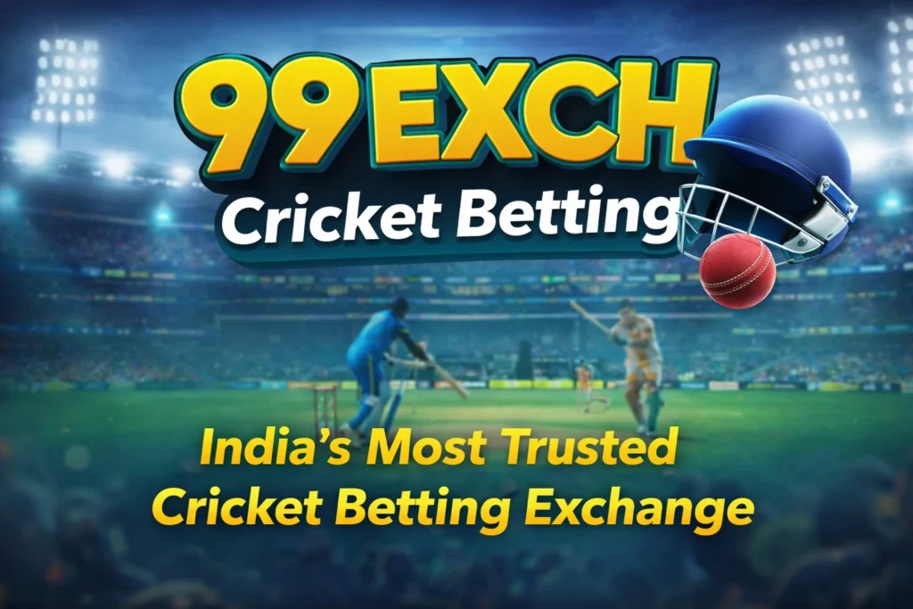 99Exch logo with cricket helmet and ball on stadium background for cricket betting