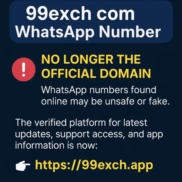 99exch com WhatsApp number support update banner showing official domain 99exch.app