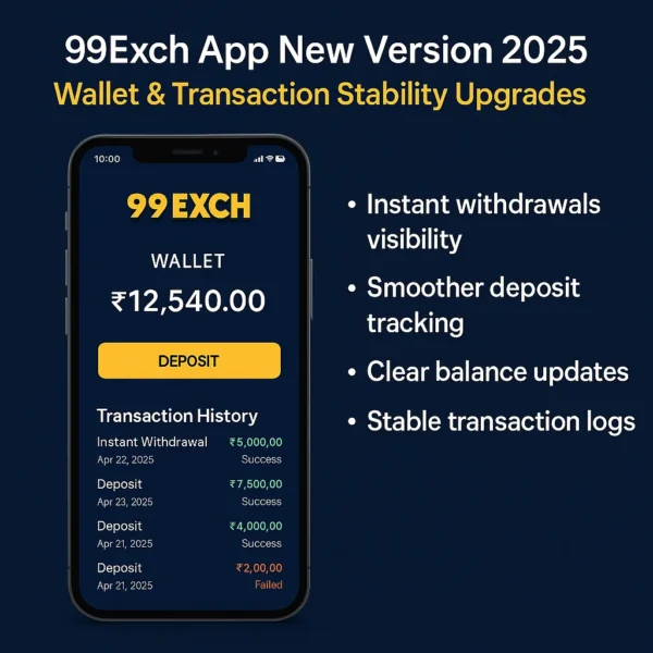 99Exch App new version 2025 wallet screen showing balance and stable transaction history