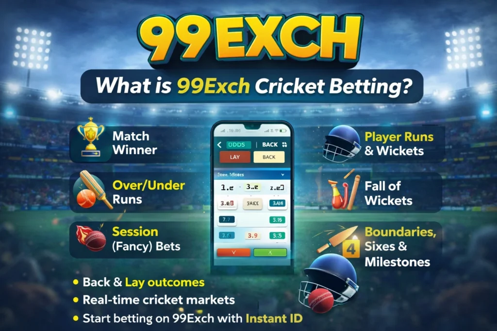 99Exch cricket betting banner showing logo, betting options, mobile odds screen, and stadium background
