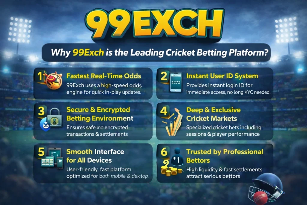 99Exch banner showing top features like real-time odds, instant ID system, secure betting, deep cricket markets, smooth interface, and trusted bettors
