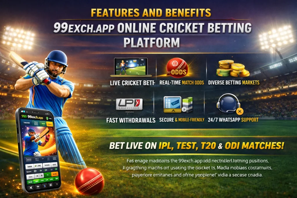 Features and benefits of 99exch.app online cricket betting platform showing live betting, real-time odds, fast withdrawals, and 24/7 support in India