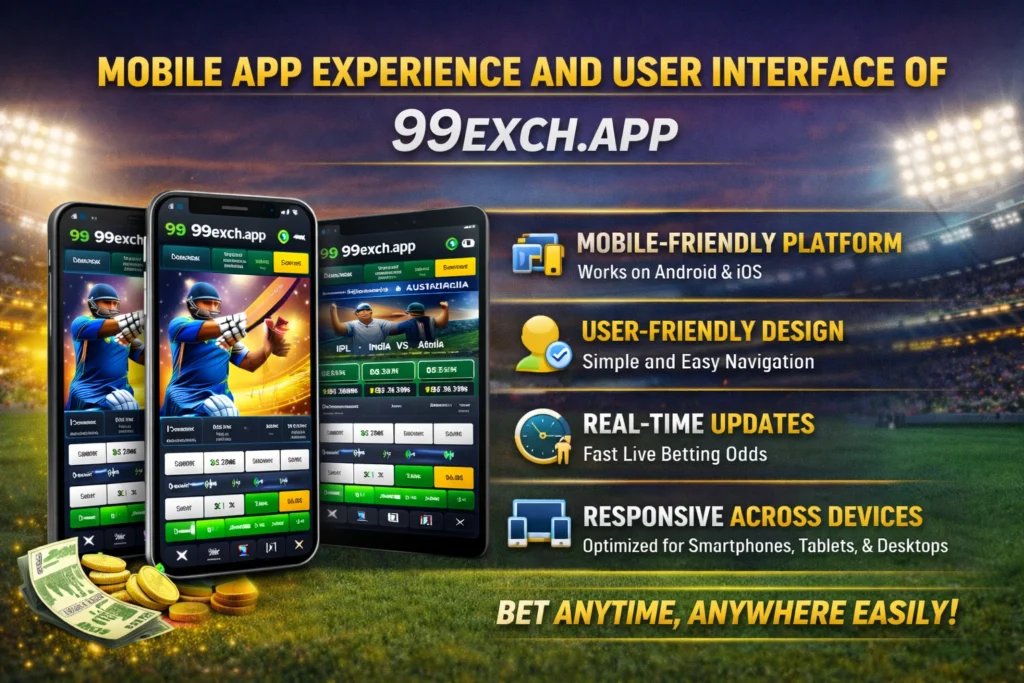 99exch.app mobile app experience and user interface showing live cricket betting, real-time updates, and responsive design across devices