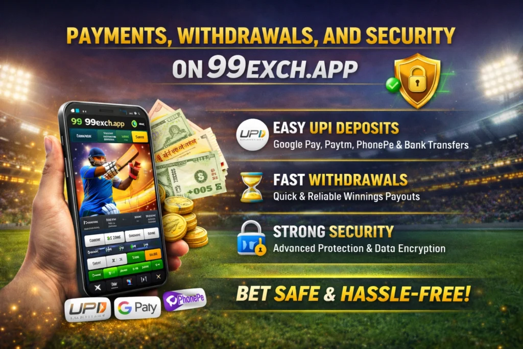 99exch.app payments, withdrawals and security showing easy UPI deposits, fast withdrawals, and secure online cricket betting in India