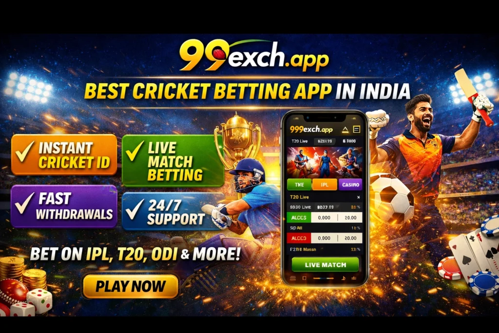 99exch.app cricket betting app in India showing live cricket betting, instant cricket ID, fast withdrawals, and 24/7 support