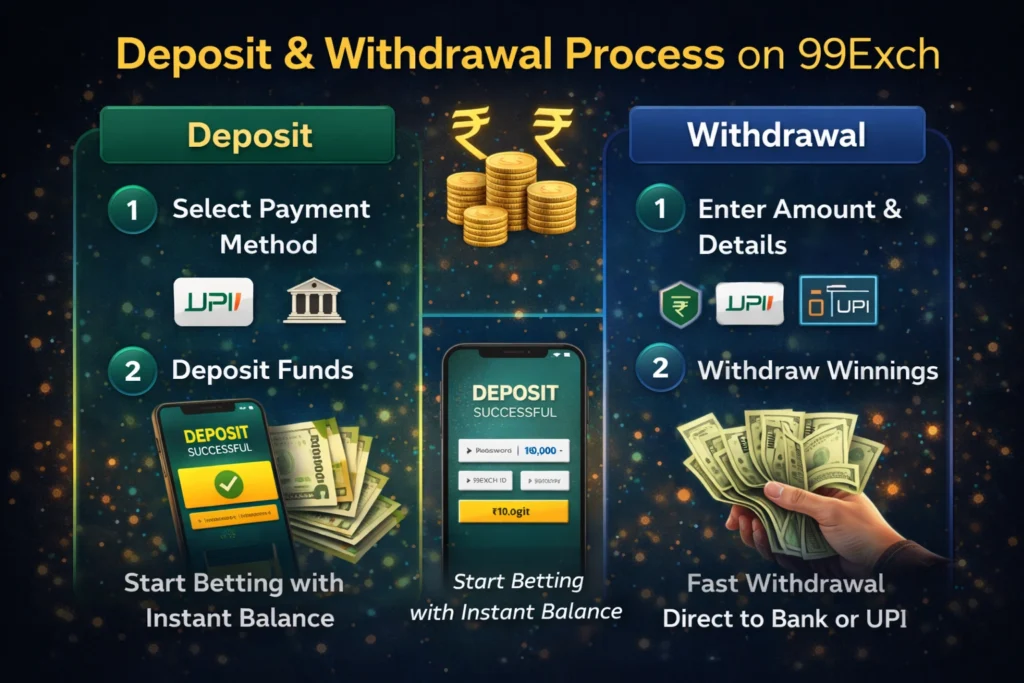 99Exch deposit and withdrawal process showing UPI, bank transfer, and instant payout options