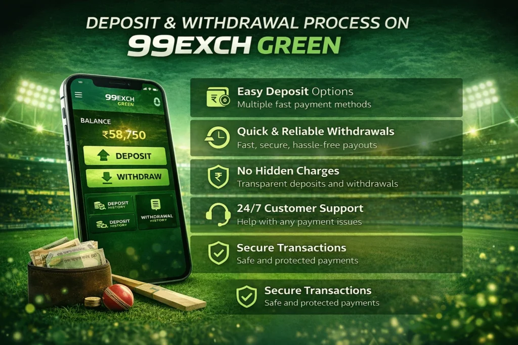 Deposit and withdrawal process on 99Exch Green showing fast payments, secure transactions, and easy balance management