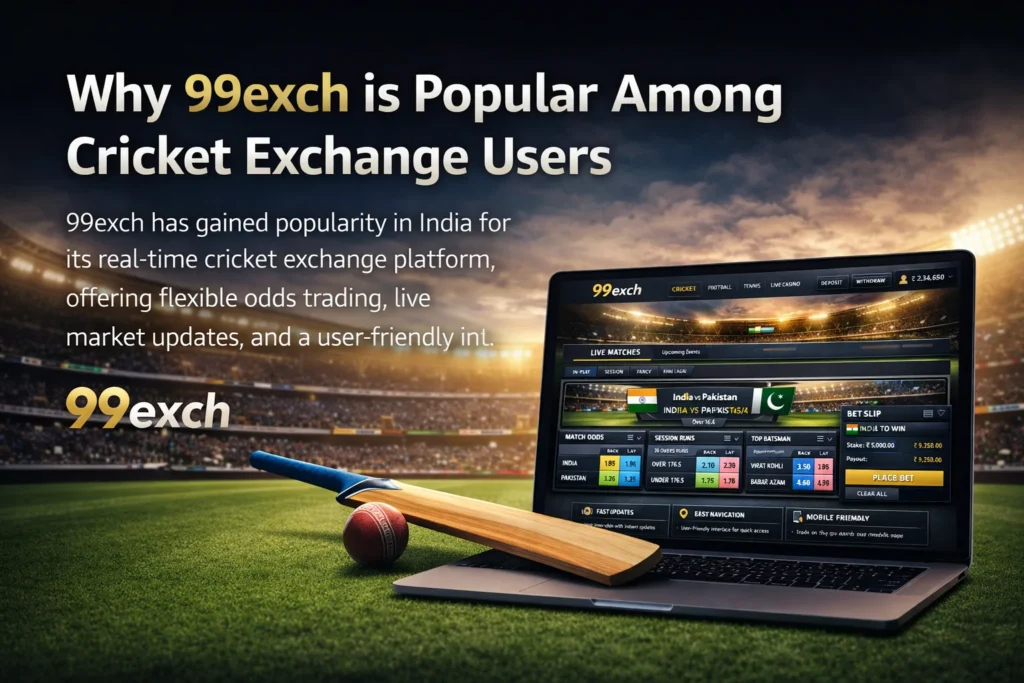 Why 99exch is popular among cricket exchange users showing live dashboard on laptop in stadium