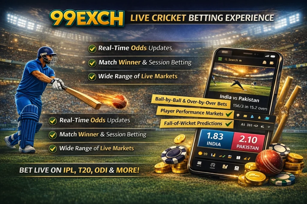 99EXCH live cricket betting experience with real-time odds and session markets