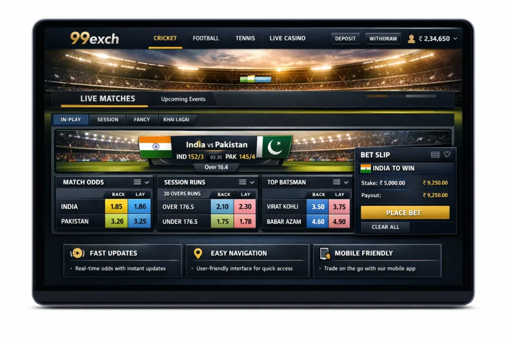 99exch live cricket exchange dashboard showing India vs Pakistan odds and betting markets