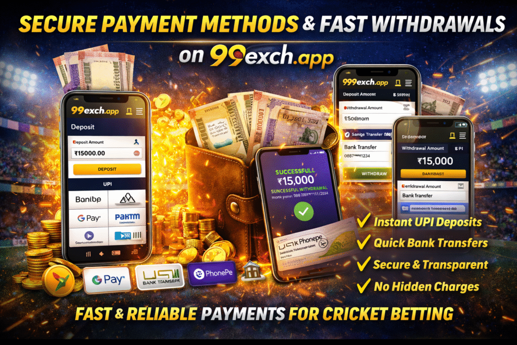 99exch.app secure payment methods showing UPI deposits, fast bank transfers, and quick withdrawals for cricket betting in India