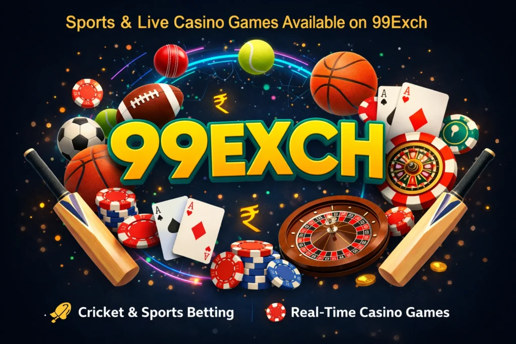 99Exch betting app showing sports betting and live casino games including cricket, football, cards, roulette, and poker chips