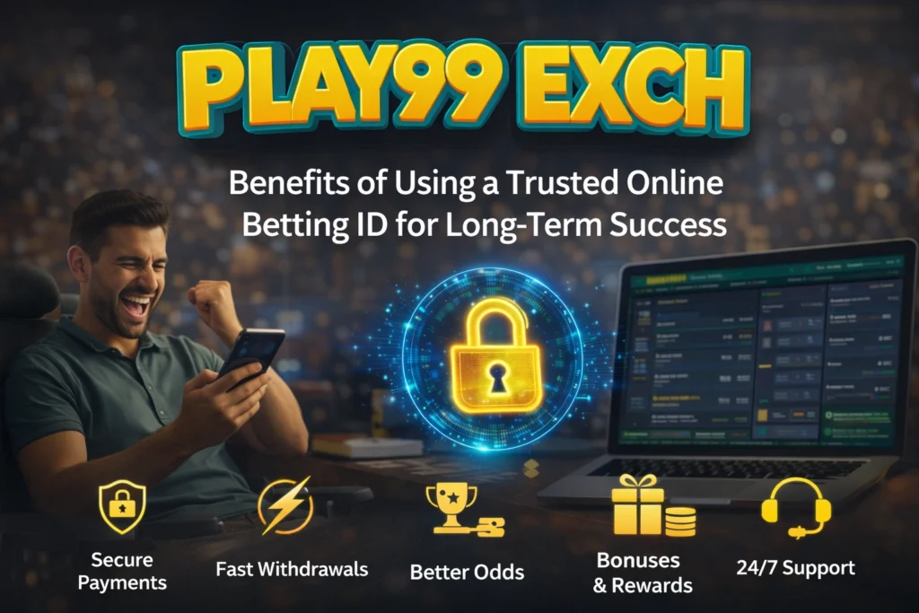 Benefits of Trusted Online Betting ID showing Play99 Exch secure payments fast withdrawals bonuses and 24/7 support