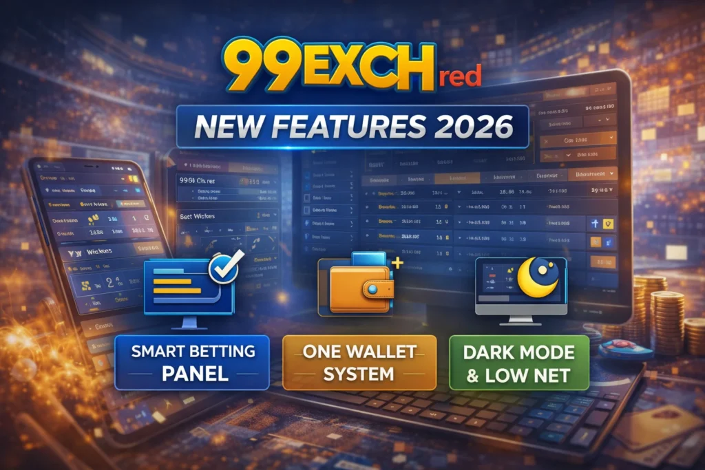 99exch.red new features image showing smart betting panel, one wallet system and dark mode in 2026