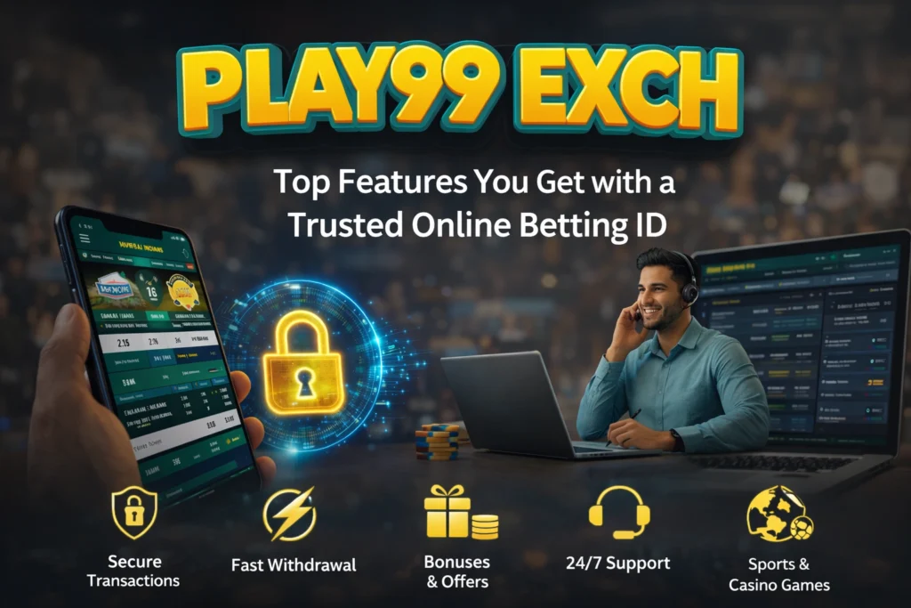 Trusted Online Betting ID features banner showing Play99 Exch secure betting platform fast withdrawal bonuses and support