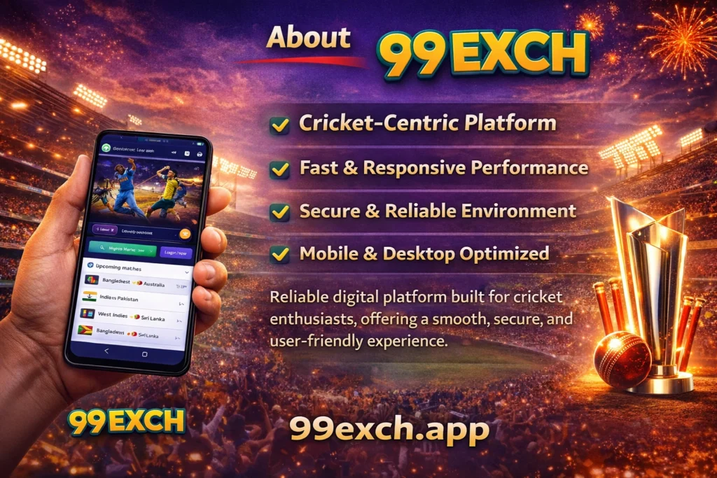 About 99exch.app cricket-centric platform showing mobile interface, stadium and T20 World Cup theme