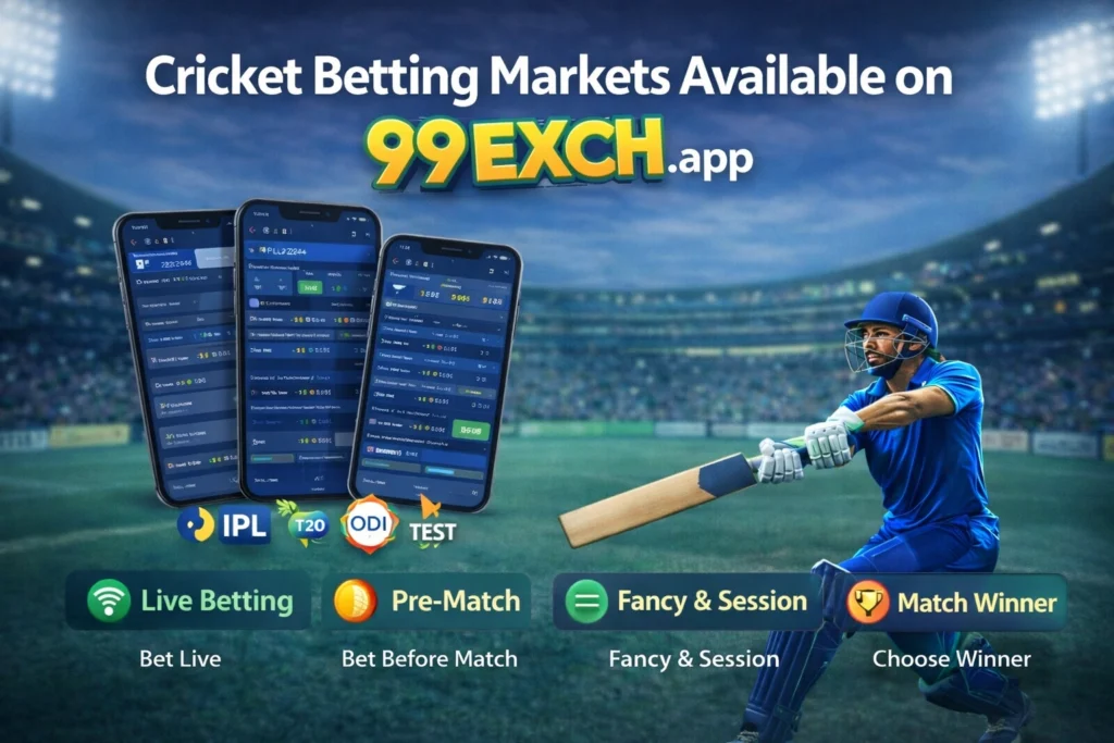 Cricket betting markets available on 99exch.app including live betting, IPL, T20, ODI, and session markets