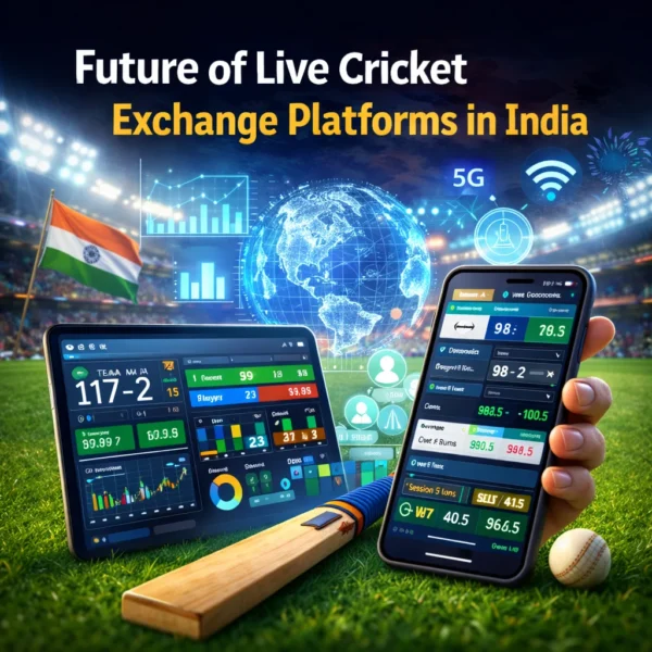 Future of live cricket exchange platforms in India shown on mobile and tablet with digital stadium background