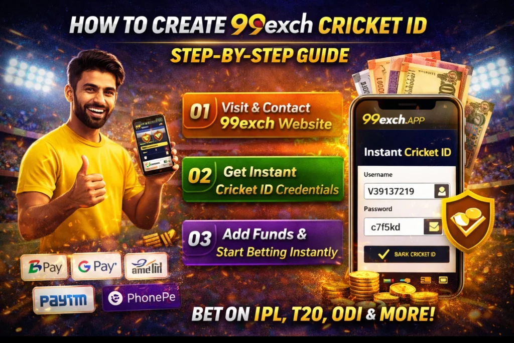 How to create 99exch cricket ID step by step showing instant ID, login details, and UPI payment options