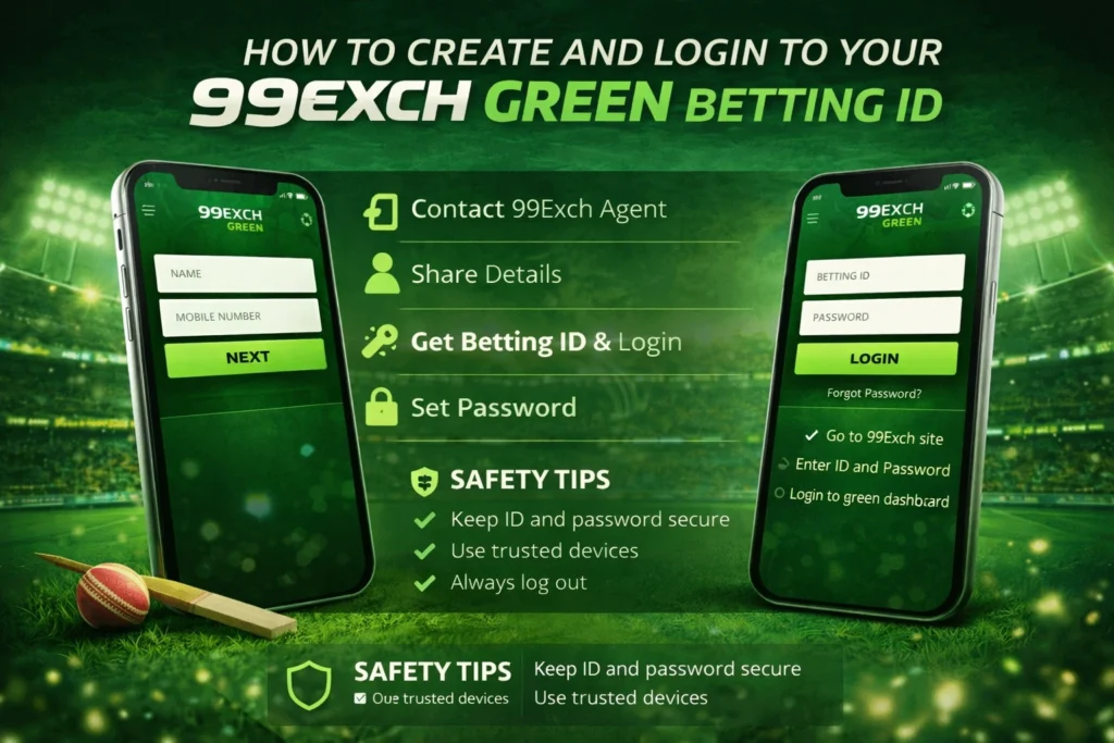 Step-by-step guide showing how to create and login to 99Exch Green betting ID with secure registration and green dashboard interface