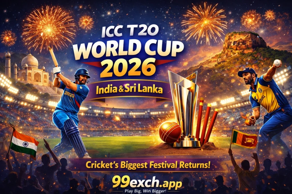 ICC T20 World Cup 2026 in India and Sri Lanka with cricket players, trophy, stadium and fireworks
