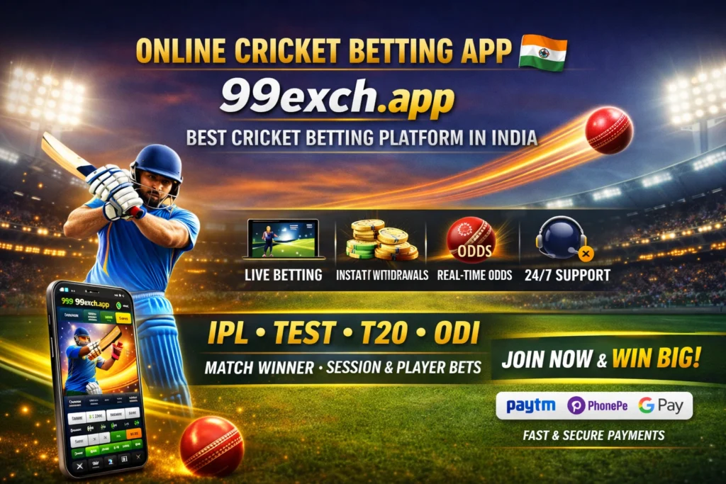 Online cricket betting app 99exch.app showing live betting, real-time odds, instant withdrawals, and secure payments in India
