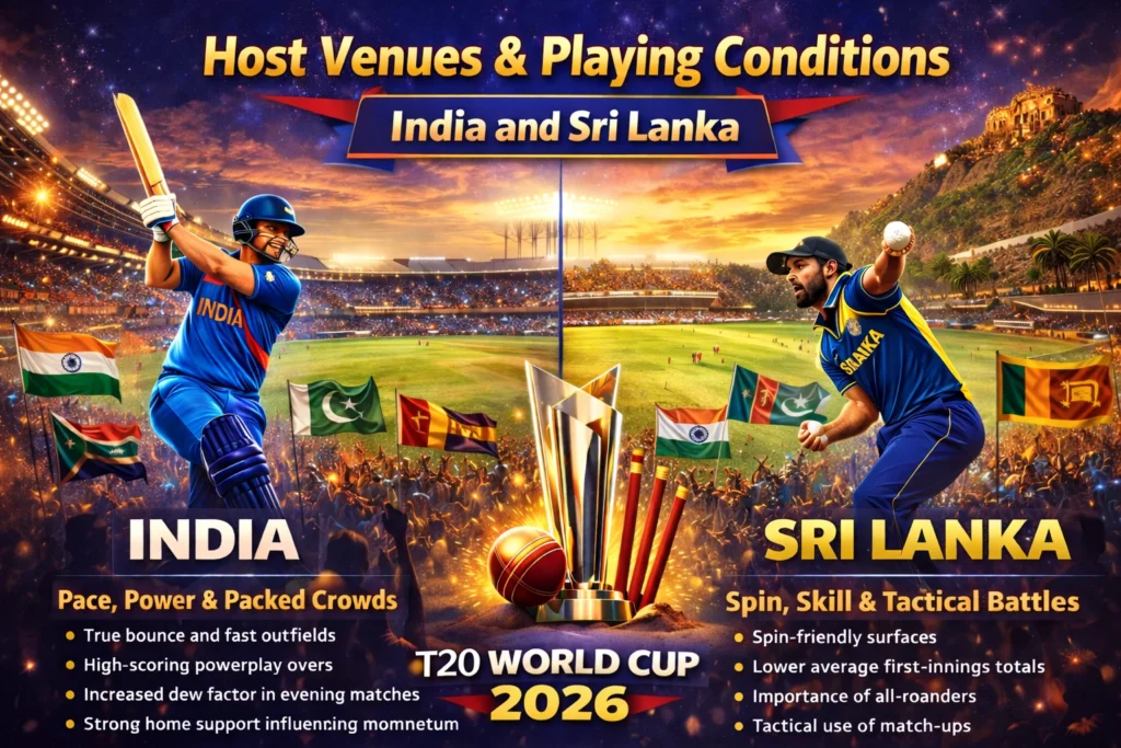 T20 World Cup 2026 host venues and playing conditions in India and Sri Lanka with cricket players and trophy