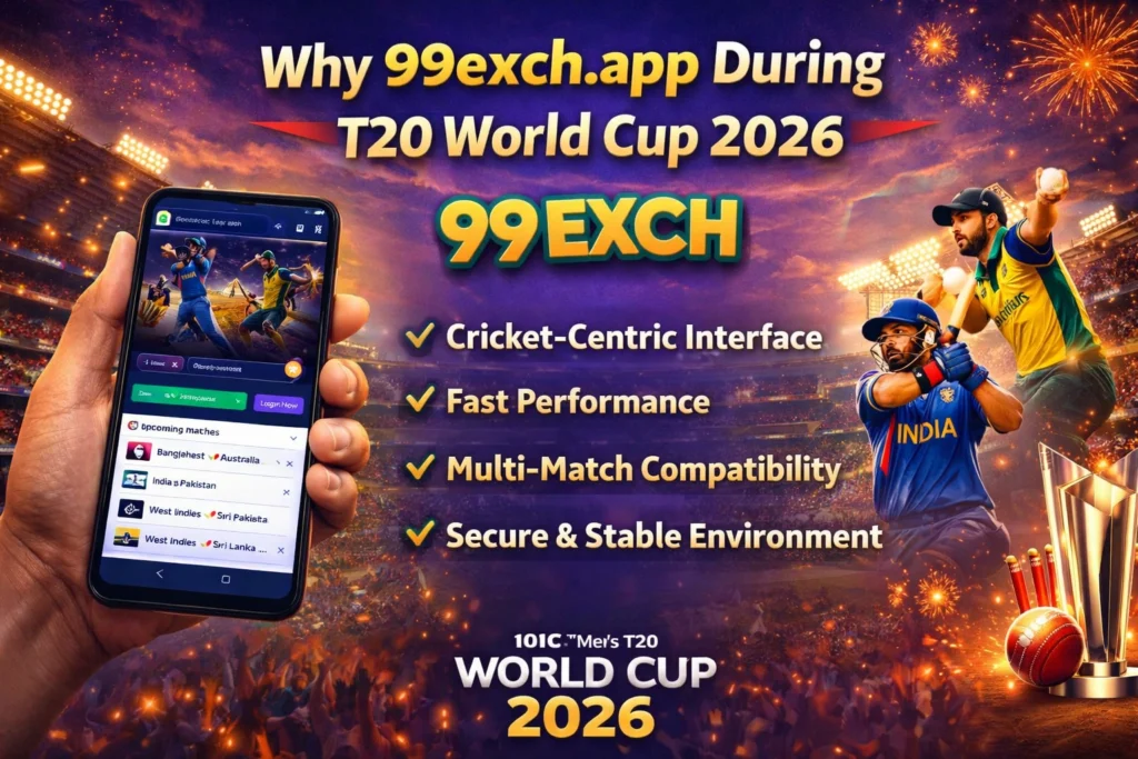 Why 99exch.app during T20 World Cup 2026 showing cricket action, mobile interface and 99EXCH logo