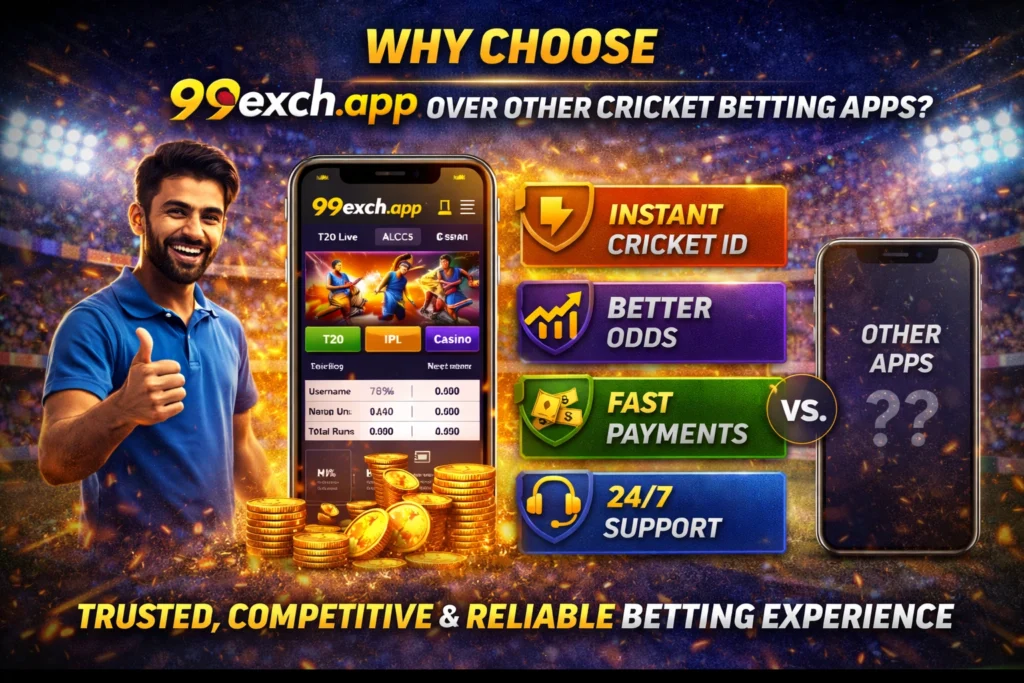 Why choose 99exch.app over other cricket betting apps showing instant cricket ID, better odds, fast payments, and 24/7 support
