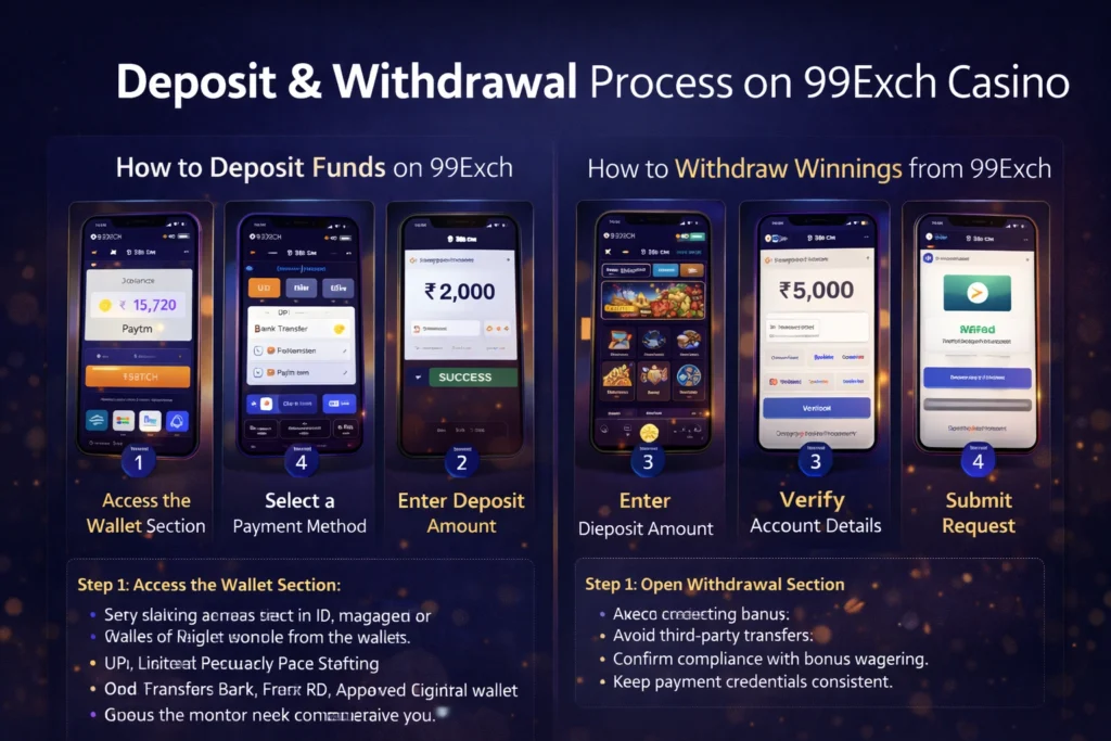 Deposit and withdrawal process on 99Exch casino showing wallet access, UPI payment, deposit confirmation, account verification, and withdrawal request steps