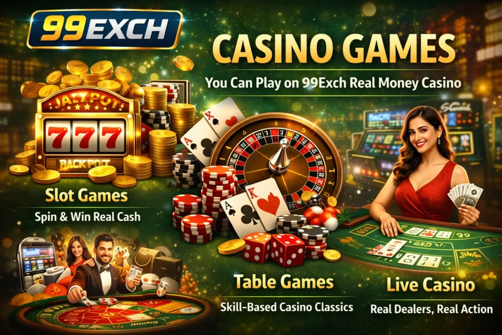Casino games on 99Exch real money platform in India including slots, table games, and live casino dealers