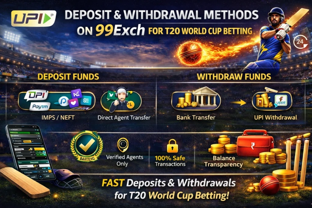 99Exch deposit and withdrawal methods for T20 World Cup betting using UPI and bank transfer
