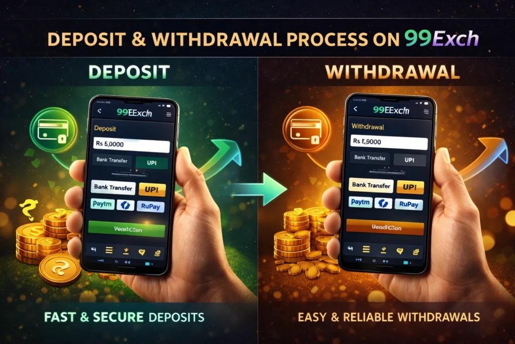 99Exch deposit and withdrawal process showing secure UPI and bank transfer payment methods for online betting in India.