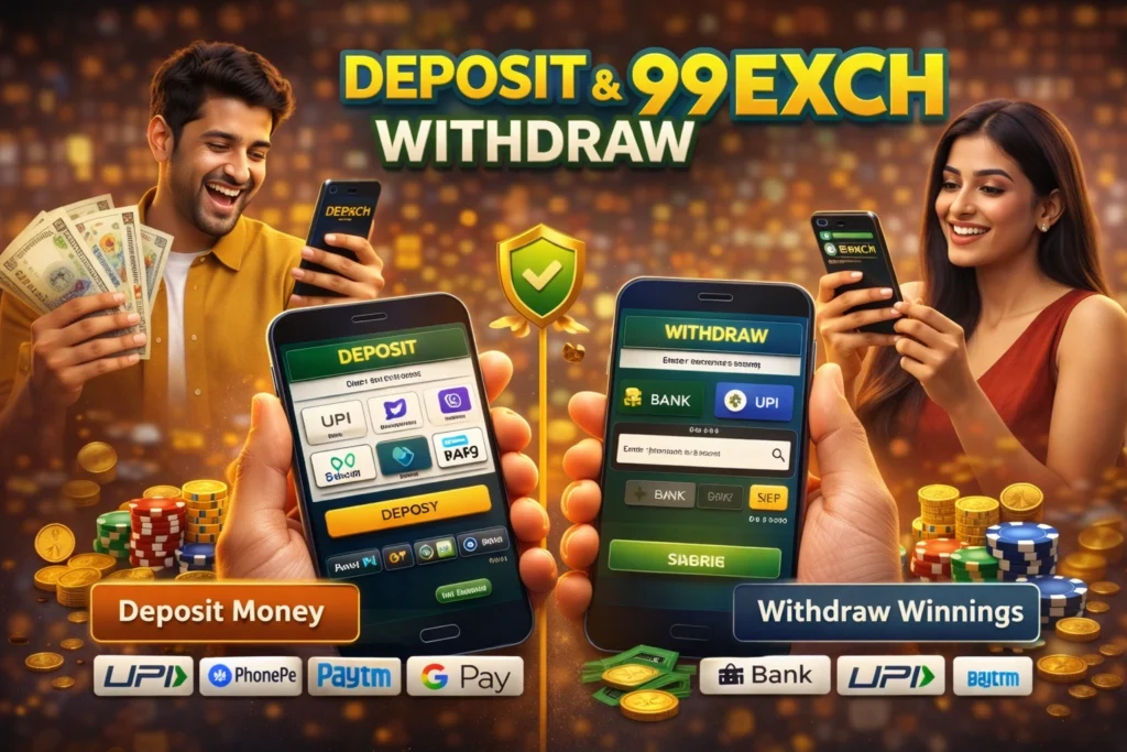 99Exch deposit and withdrawal process showing UPI, bank transfer, and instant casino payments in India