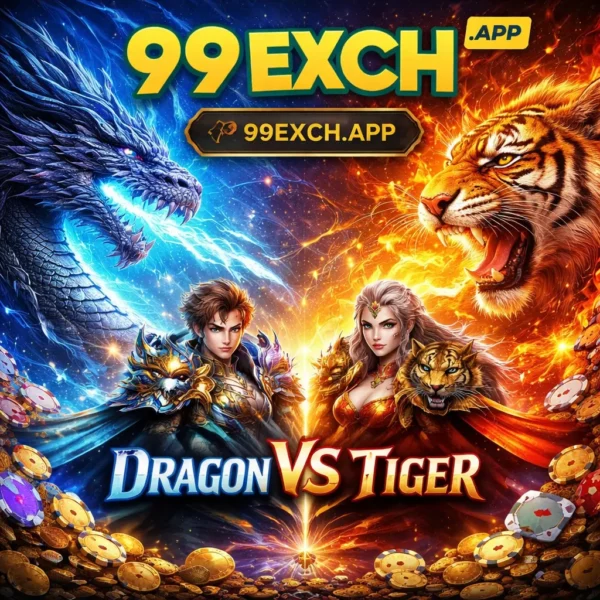 99EXCH Dragon vs Tiger theme promotional image with logo and 99exch.app URL in fantasy battle design